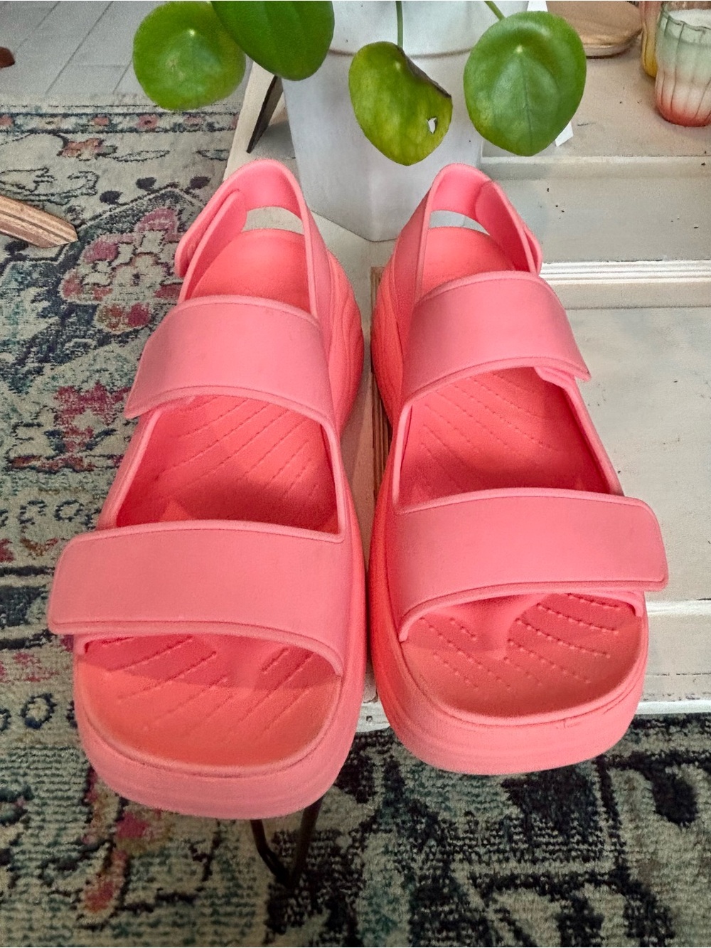 CROCS Coral Pink Platform Strap Sandals